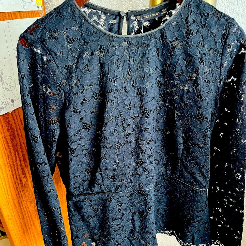 Zara black lace peplum top size Large NWT